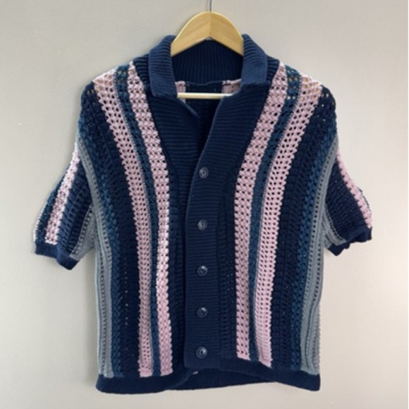 Crochet Sweater Womens M Button Front Short Sleeve Retro Pullover Knit Cardigan - Picture 1 of 5